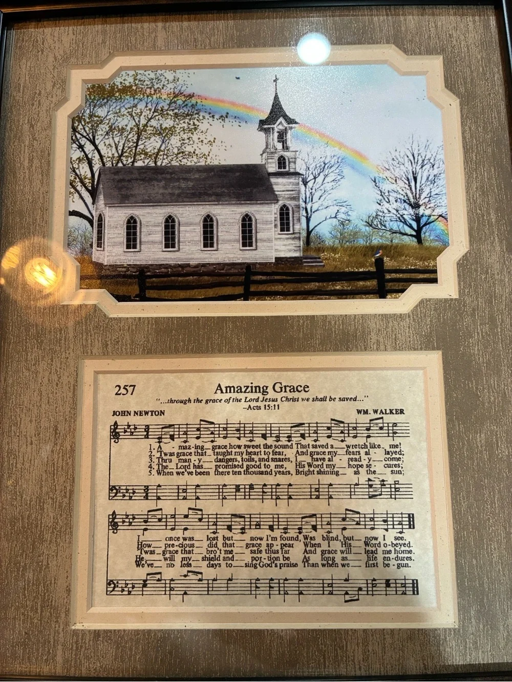 Bronze Color Framed Church Art Print with 'Amazing Grace' Sheet Music